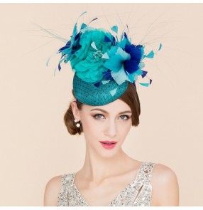 Handmade 100% linen sinmay Turquoise peacock blue flowers fashion women's ladies top pill box wedding bridal evening party church fascinators hats fedoras